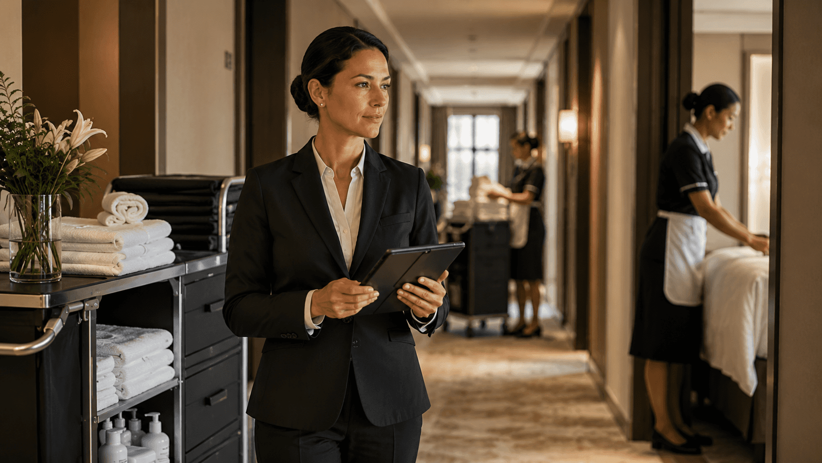 Hotel housekeeping manager reviewing room coverage on a tablet while trained attendants prepare rooms in an upscale corridor.
