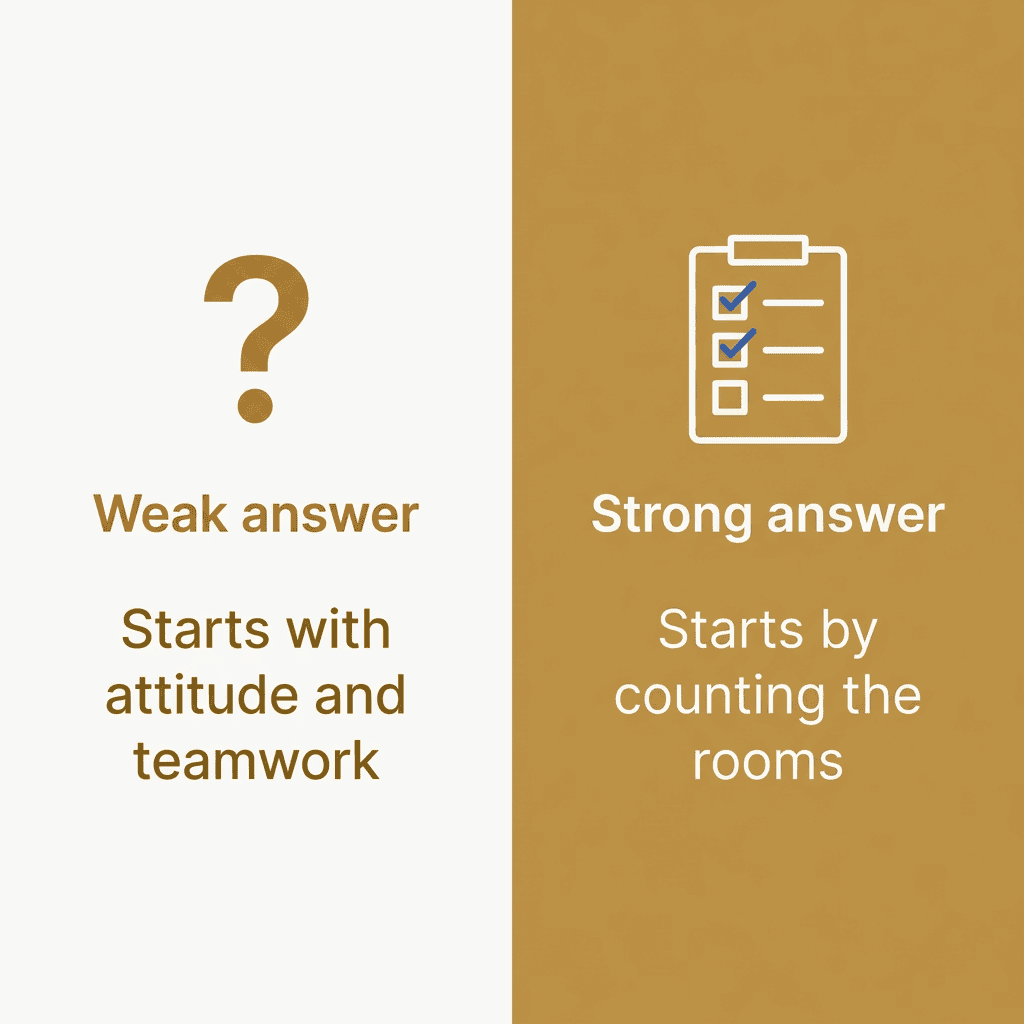 Infographic comparing strong and weak answers to housekeeping supervisor interview questions